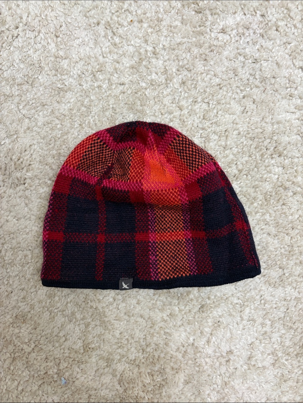 Eddie Bauer Red and Orange Plaid Knit Kids Beanie